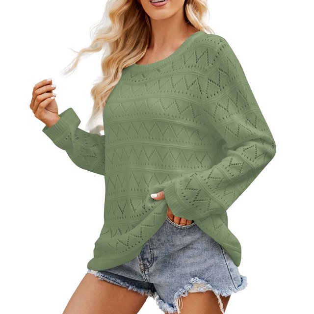 Timegard Womens Sweaters Hollow out Round Neck Fall Winter Long Sleeves Knit Pullover Tops Fashion