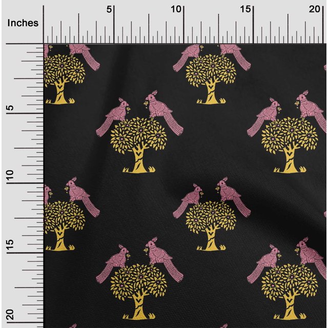 oneOone Cotton Poplin Fabric Bird & Tree Block Print Sewing Fabric BTY 56 Inch Wide