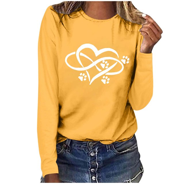 Pisexur Hauts pour Femmes Mode d'Automne T-Shirt à Imprimé Graphique Cœur Col Rond Manches Longues Chemises pour Femmes Chic Décontracté Hauts de Sortie Confort Polyvalent Blouses Légères