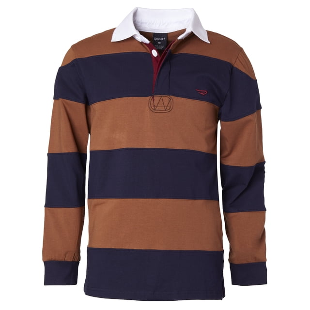 Sportoli Polo Rugby à Manches Longues en Coton à Larges Rayures pour Garçons - Brun/marine (Taille 14)