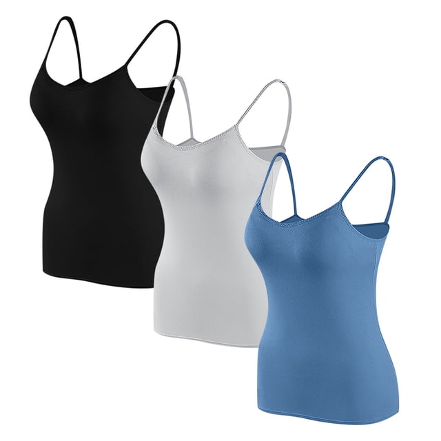 Timegard Camisoles pour Femmes 3 Pcs avec Soutien-Gorge Intégré Col Rond Bretelles Spaghetti Ajustées Douces Maillots de Corps Décontractés Hauts de Pyjama