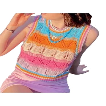 Women‘s Crochet Hollow Out Knit Tank Tops Vintage Neck Striped Contrast Color Crop Vest