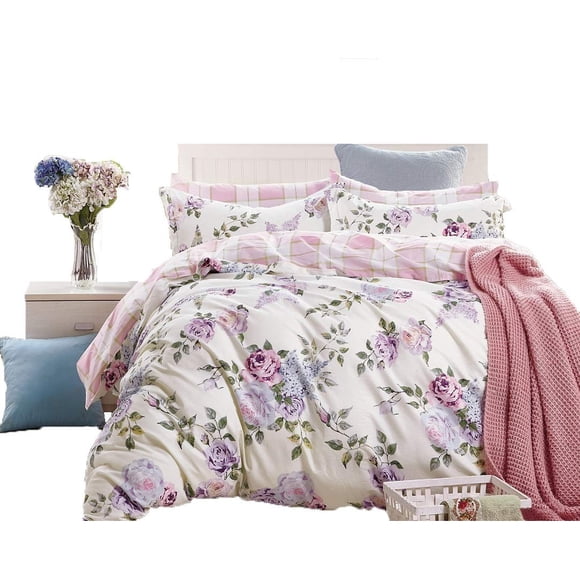 Swanson Beddings Ensemble de Literie 3 Pcs Roses Violettes 100 % Coton : Housse de Couette et Deux Taies d'Oreiller (Très Grand)