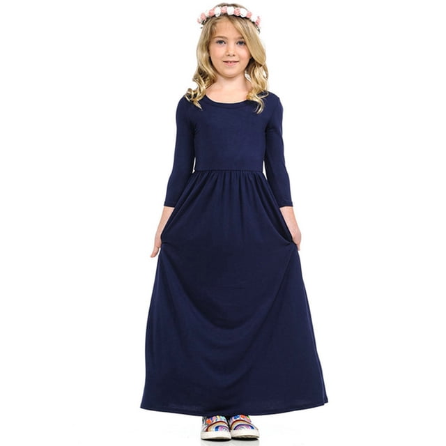 Robe Longue Décontractée à Fleurs pour Filles à Manches Longues avec Poches, Robes de Vacances, Robe Longue à Manches Longues pour Filles Longueur au Sol