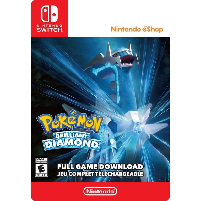 NINTENDO NS PKEMONBRILNTDIMND cover art featuring Legendary Pokémon Dialga emitting blue light beams from its chest diamond, set against a dark background with Nintendo Switch and Nintendo eShop logos, indicating a full game download.