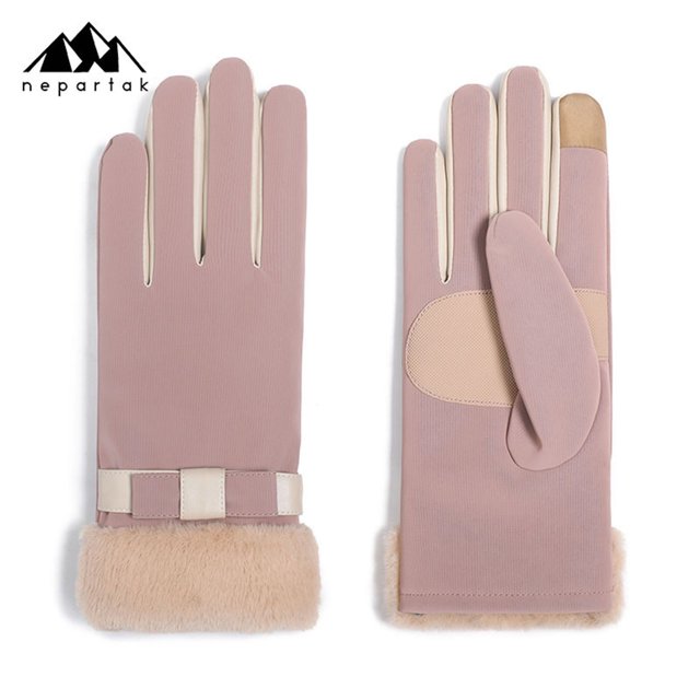 Woman Warm Snow Gloves Thick Soft Faux Rabbit Plush Edge Anti-slip for Cold Weather Outdoor Skiing and Cycling