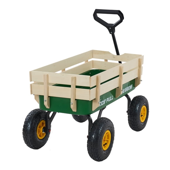 KFFKFF Pull-Along Wagon for Kids, 39 in Toddler Wagons with Foldable Wooden Panel & Handle, Supports up to 551 lbs, 10" All-Terrain Tires