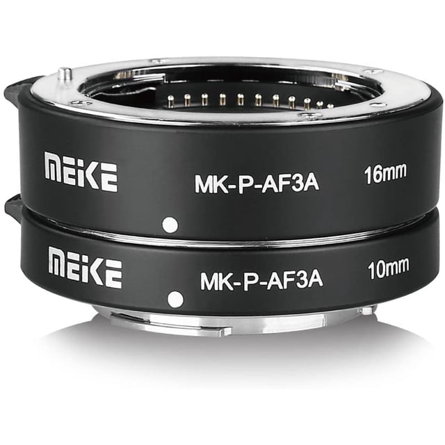 Meike MK-P-AF3A automatic extension tube set for Olympus and Panasonic Micro Four Thirds system camera lenses, featuring 10mm and 16mm tubes with electronic contacts for autofocus support. Compact and lightweight design, suitable for macro photography.