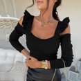 thumbnail image 2 of Women's Slim Solid Color Wood Ear Side Off-shoulder Long-sleeved Top, 2 of 8