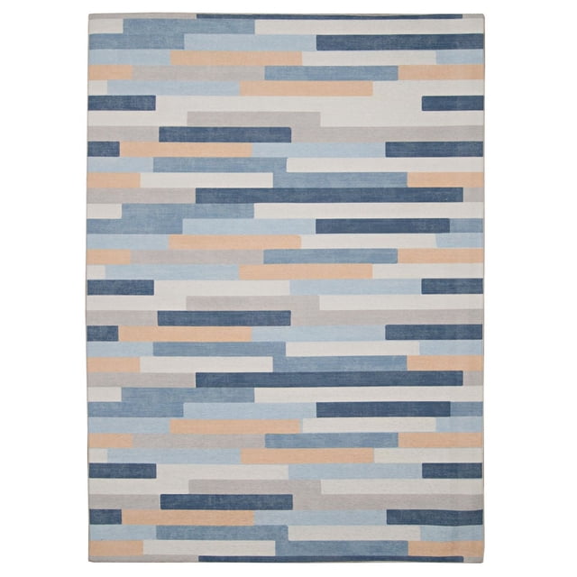 Outdoor Washable Miami Ivory & Blue 5' x 7' Area Rug with a flat weave and broken stripe pattern in blue, ivory, and beige. Designed for indoor and outdoor use, it features UV fade resistance, a non-slip backing, and machine washable durability, ideal for patios or kitchens.