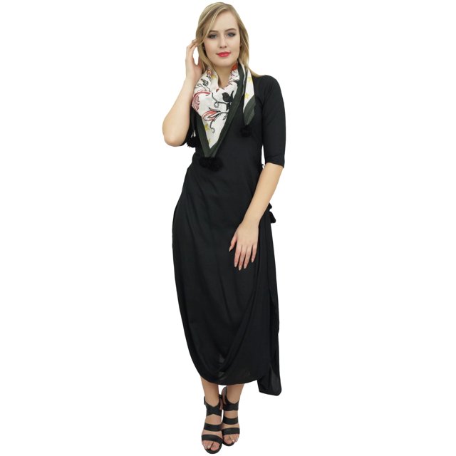 Bimba Robe Maxi Drapée Noire à Col Bénitier pour Femme avec Foulard à Franges Imprimé-6