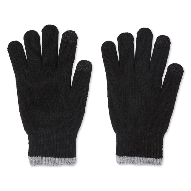 George Men's Gloves in black knit fabric with ribbed cuffs trimmed in grey, featuring touchscreen-compatible fingertips, designed to keep hands warm and secure, displayed flat on a white background, suitable for everyday winter wear.