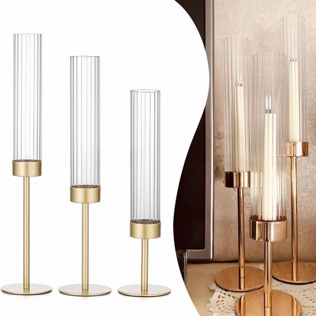 Meiiso hurricane-proof ribbed glass candle holders with fluted design and gold metal candlestick bases. This tall windproof set is ideal for weddings, home décor, and outdoor use. Shown in a lifestyle setting with lit candles for elegant ambiance.