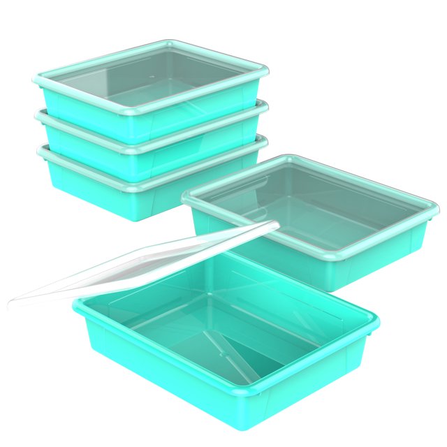 Storex Flat Storage Tray with Lid, Letter Size, 10 x 13 x 3 Inches, Teal, 5-Pack