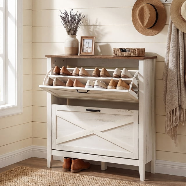 Shoe Saving Rack LEDREM Farmhouse Shoe Storage Cabinet, Narrow Entryway Organizer with 2 ...