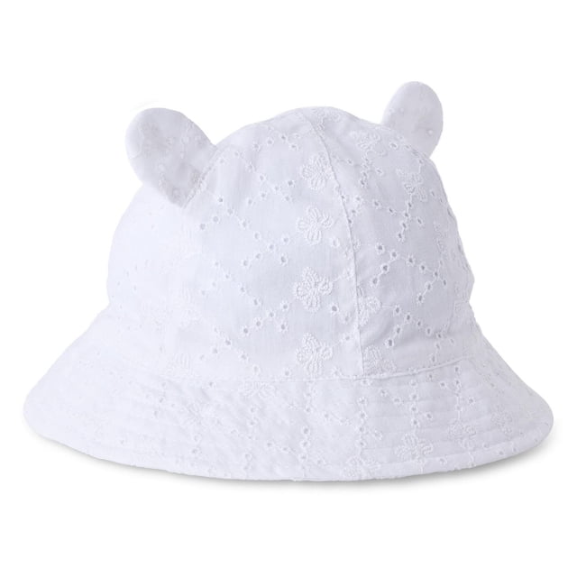 George Baby Girls' Eyelet Hat in white with a rounded crown, wide brim, and ear appliques, crafted from 100% cotton with eyelet embroidery for sun protection and comfort.
