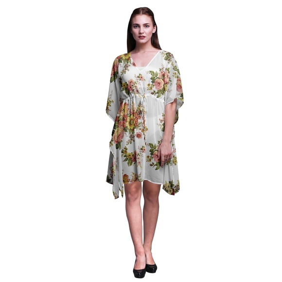 Bimba Blanc Feuilles Florales et Kiko Rose Femmes Grande Taille Caftan Tenue d'Été Sortie de Plage Kimono Caftan-S-L