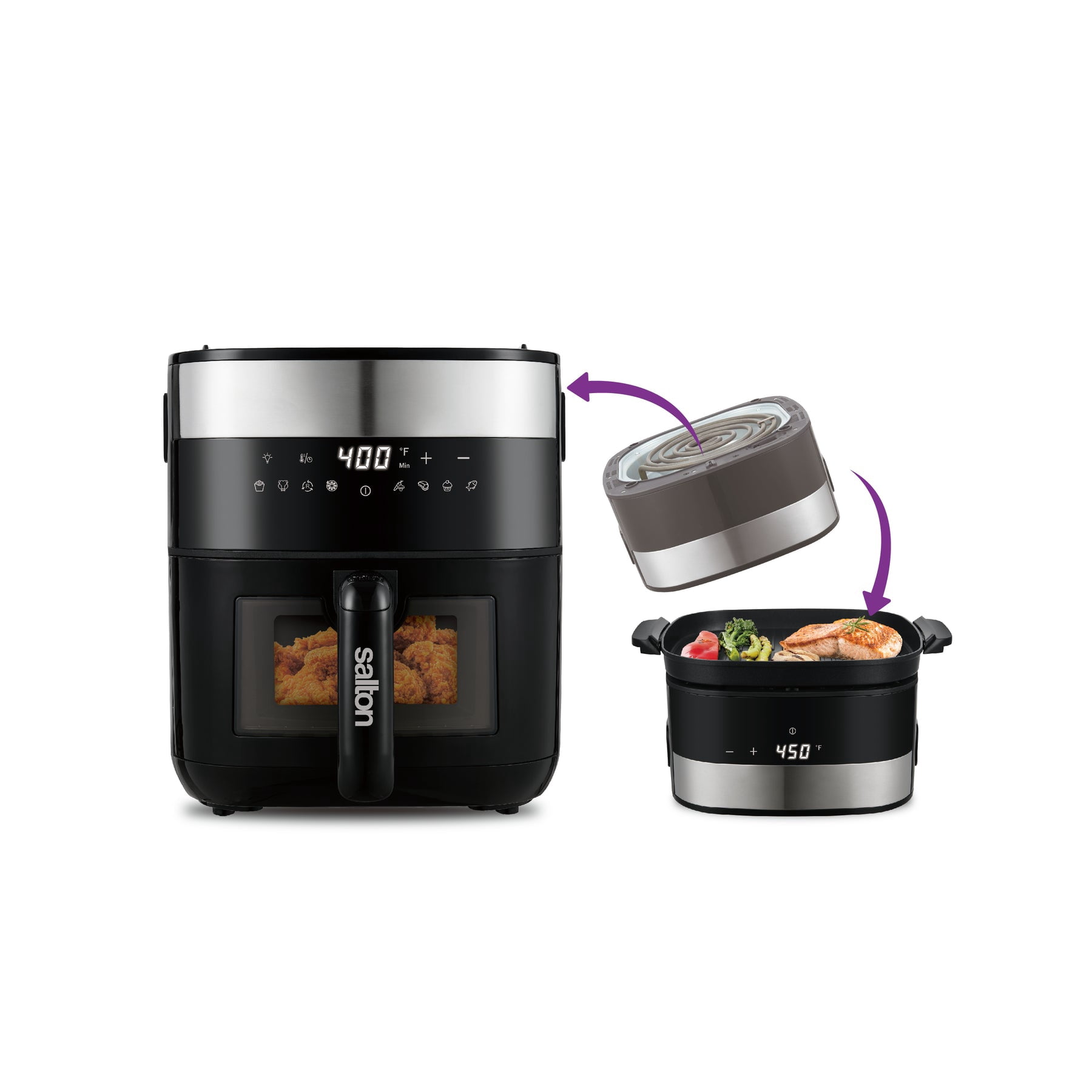 Salton Flip and Cook 3-in-1 Air Fryer, Grill & Dehydrator | 5.5 L Capacity | 8 Pre-Set Functions | 150°F to 450°F Adjustable Temp | Viewing Window | Non-Stick Grill Plate (AF2154)