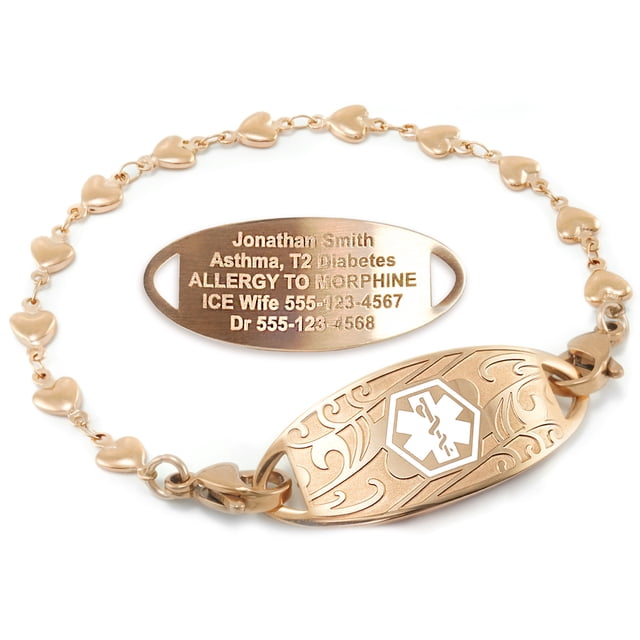 MedicEngraved Rose Gold Stainless Steel Custom Medical Alert Bracelet - 5mm Heart Link