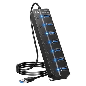 7 Ports USB Hub Splitter Multi Hub USB 3.0 Adapter USB Several Ports Adapter with Switches and Lights,1 x USB Hub Splitter,Black