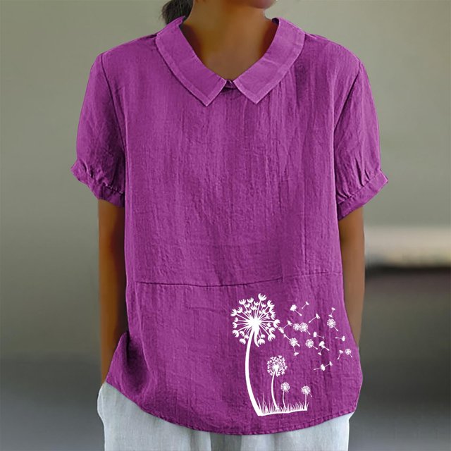 Jsaierl Chemises en Lin d'Été pour Femmes Imprimé Pissenlit Col à Revers Manches Courtes Blouses Simples Décontractées Polyvalentes