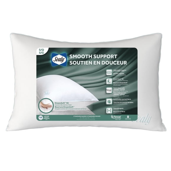 Sealy Oreiller de lit Smooth Support, S/Q – tissu TENCEL™, garnissage ajustable en duvet synthétique