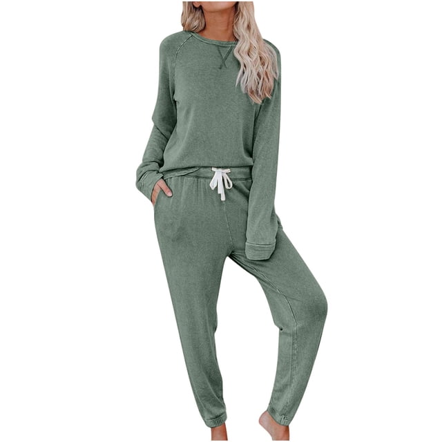 AherBiu Ensembles de Détente pour Femmes Manches Longues Pyjamas 2 Pcs Tenues Hauts à Encolure Dégagée Pantalons Vêtements de Nuit