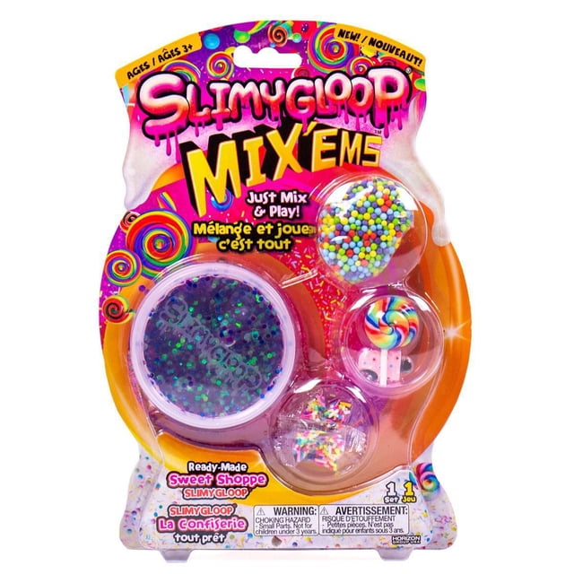 Sweet Shoppe™ SLIMYGLOOP® Mix'Ems kit with ready-made purple glitter slime in a reusable container, including candy-inspired embellishments like colorful foam balls, a rainbow lollipop toy, and multicolored sprinkles, designed for sensory play and creativity for children aged 3 and up.