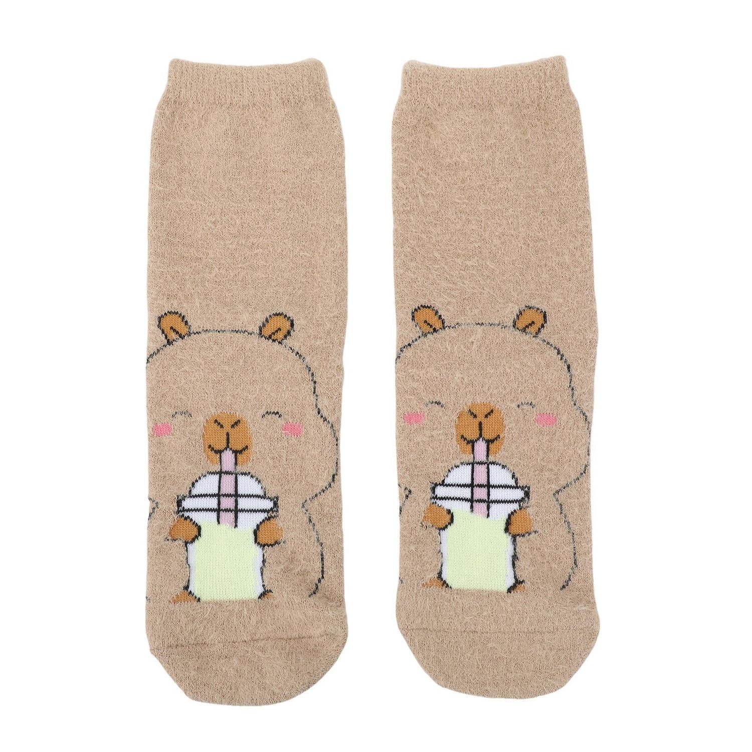 Capyfun Chaussettes Mi-Mollet Douillettes En Peluche Capybara Boba Pour Enfants, Beige, 1 Paire