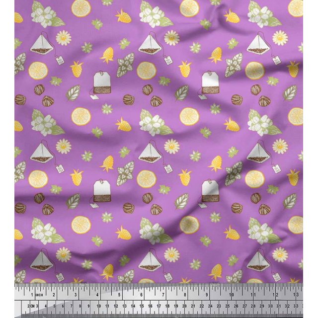 Soimoi Purple Silk Fabric Tea Bag,Star Anise & Lemon Slice Vegetable Print Fabric by Yard 42 Inch Wide
