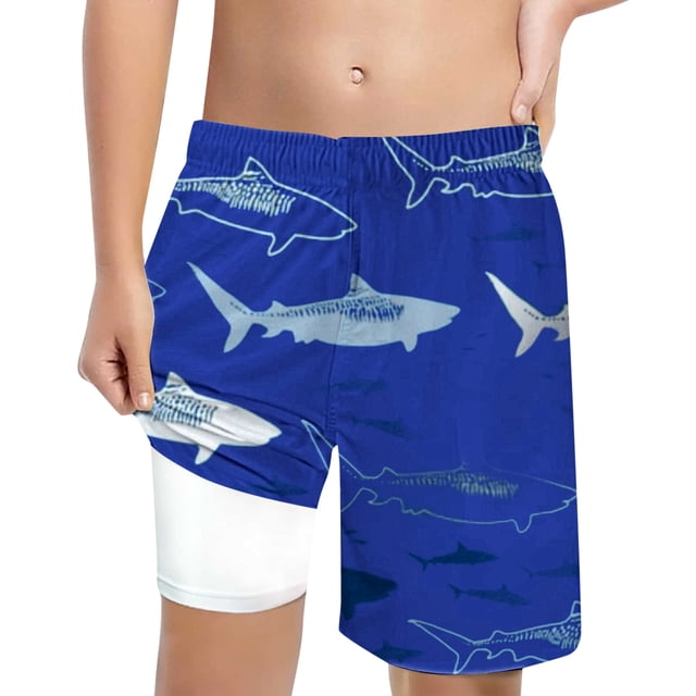 Sunnyoo Little Boys Shark Print Quick Drying Swim Trunks with Compression Liner