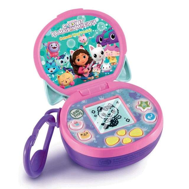 LeapFrog Gabby's Dollhouse MerCat & Me On-the-Go With 4 Games - French Version compact clip-on MerCat toy, front-facing close-up showing printed cat face, watch/alarm detail and backpack clip; four French-language educational games for math, memory and problem-solving; often used as portable travel entertainment for ages 3+.
