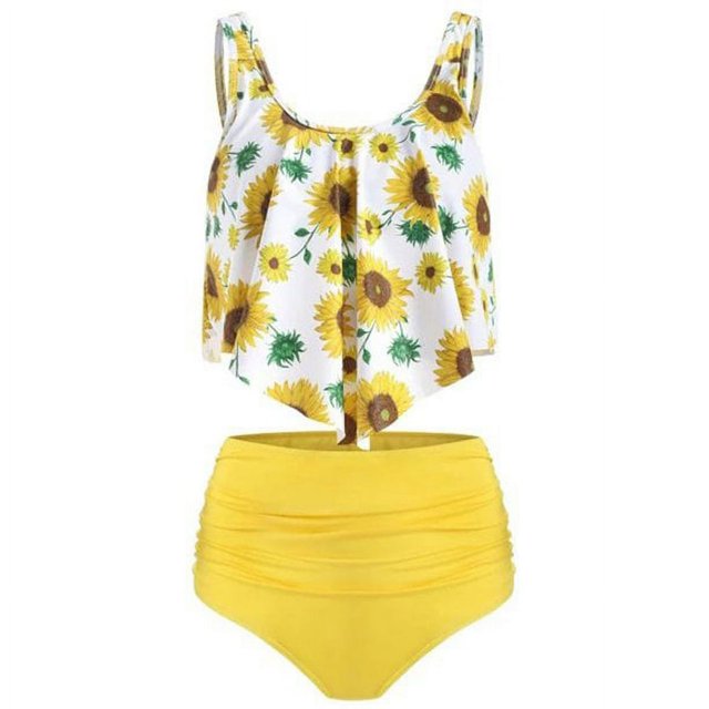 Women 2Pcs Padded Ruffle Strappy Crop Tops High Waist Bikini Set Swimsuit Swimwear Summer