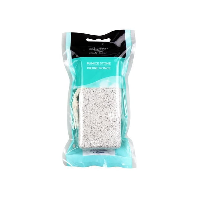 EQUATE BEAUTY PUMICE STONE in clear plastic packaging with turquoise and black label, featuring a rectangular light gray porous pumice stone with attached white hanging rope, designed for exfoliating rough skin and calluses on feet during bath or shower use.