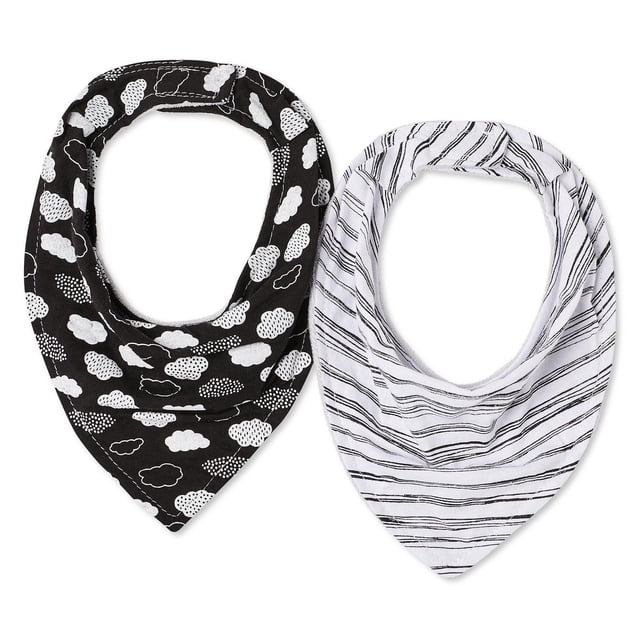 George infants' unisex bandana bib 2-pack including one black bib with white cloud prints and one white bib with thin black stripes, made from cotton blend with Velcro closure for secure, comfortable fit during feeding and nursing.