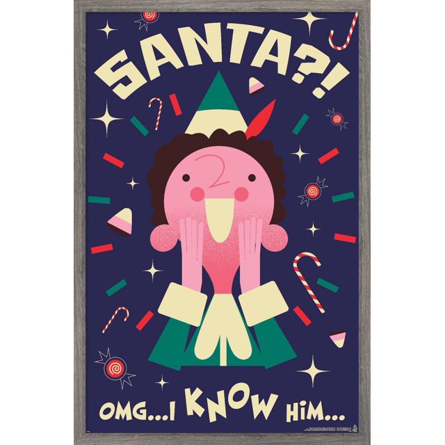 Elf - I Know Him Wall Poster, 14.725" x 22.375" framed, featuring a front-facing cartoon elf with a pink face, brown curly hair, green and cream outfit, and green hat with red feather. The dark blue background is decorated with candy canes, stars, red and green confetti, and wrapped candies. Bold cream text reads "SANTA?!" at the top and "OMG... I KNOW HIM..." at the bottom. The lightweight framed poster has a satin finish and a sawtooth hanger for easy wall mounting, ideal for home or office decor.