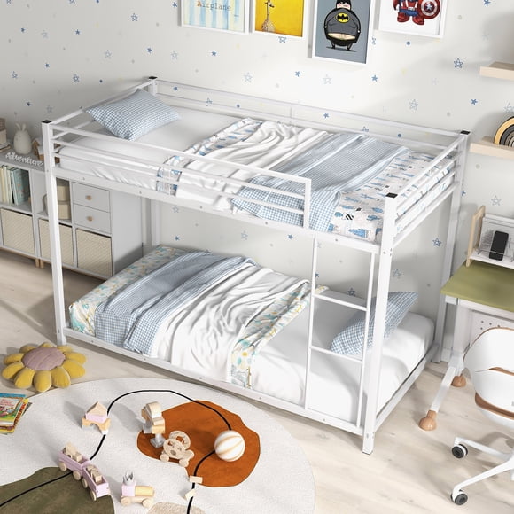 Gymax Twin Over Twin Low Metal Bunk Bed with Ladder Guardrails for Teens Adults White