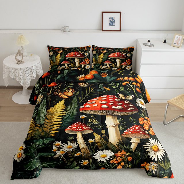 Erosebridal Red Mushroom Bedding Queen Comforter Set, Hippie Botanical Down Comforter, Daisy Floral Decor, Reversible 3pcs