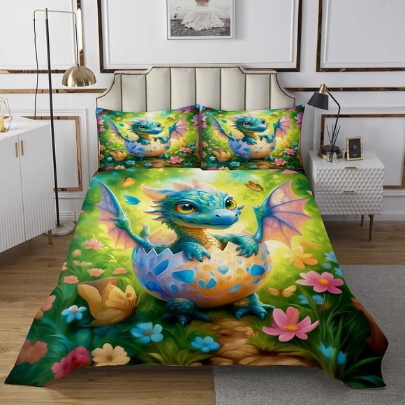 Erosebridal Cartoon Dragon Coverlet Set Twin, Jungle Animal Bedding Set, Colorful Flower Decor 2pcs