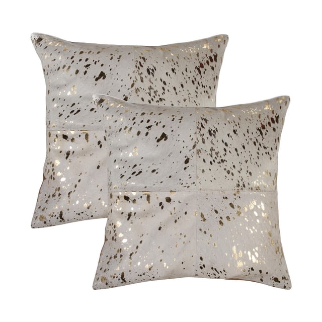 TORINO QUATTRO COWHIDE PILLOW 18"X18" 2-PACK with two square decorative throw pillows made from 100% natural Indian cowhide, featuring white and dark brown speckled patterns with metallic gold accents, hand-stitched panels, and hidden zipper closure, ideal for layering in home décor and adding warmth and texture to living spaces.