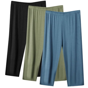 Lot de 3 Pantalons de Pyjama pour Femme Grande Taille, Capris à Taille Élastique, Bas de Pyjama en Coton Doux, Pantalons Raccourcis, Noir/vert/bleu 3TG