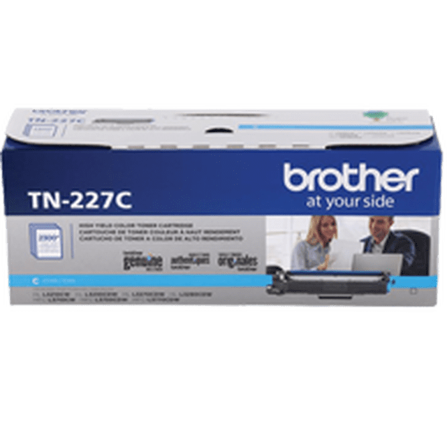 Brand New Original Brother TN227C Cyan High Yield Laser Toner Cartridge, designed for Brother HL-L3270CDW, HL-L3230CDW, HL-L3290CDW, HL-L3210CW, MFC-L3770CDW, MFC-L3750CDW, and MFC-L3710CW printers. Ideal for producing vibrant cyan prints. Packaged in a branded box with compatibility details clearly displayed.