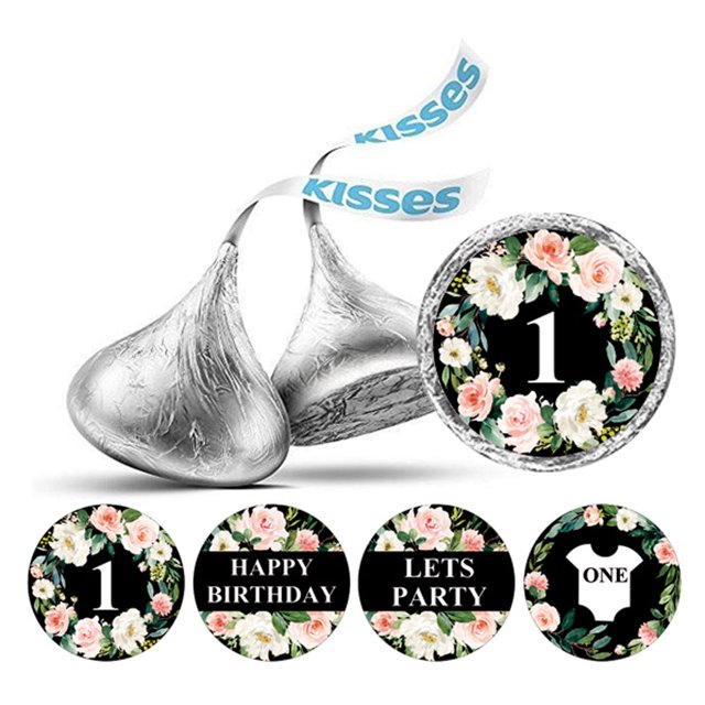 Darling Souvenir Party Favor Floral Border 1st Birthday Theme Stickers Labels 190 Pcs-Black