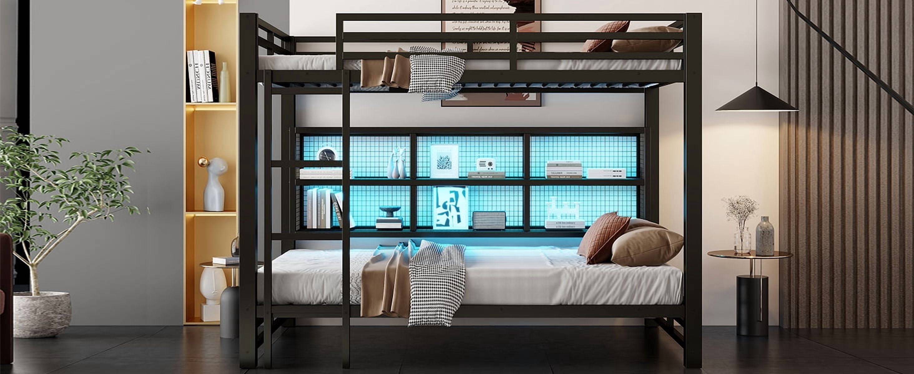 Noble House Metal Queen over Queen Bunk Bed with Storage Cabinets and LED, Black