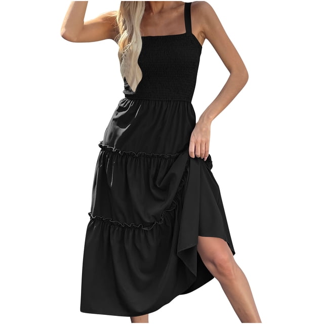 Timegard Robes d'Été pour Femmes Sans Manches à Volants Col Carré Couleur Unie Robe d'Été de Plage Décontractée Smockée