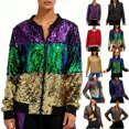 thumbnail image 1 of Frostluinai Womens Long Sleeve Sequin Open Front Zipper Jacket with Ribbed Cuffs Happy Mardi Gras Party Bomber Jacket Coats Outwear, 1 of 6