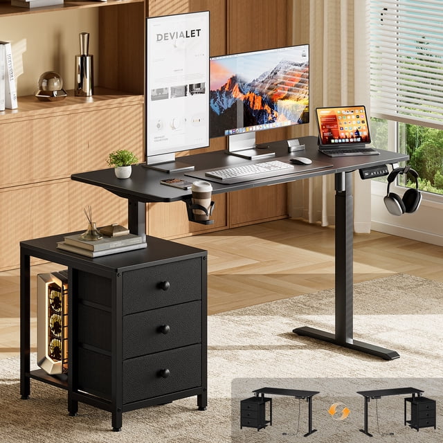 GUNAITO Computer Desk 58.2" × 23.6" Electric Standing Desk with 3 Drawers Height Adjustable Stand Up Table Ergonomic Sit Stand Desk with Splice Board for Home Office Black