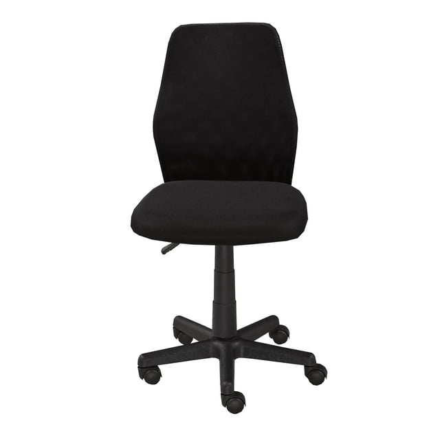 Michael Office Chair Black featuring a breathable mesh backrest for airflow, contoured seat cushion for ergonomic support, pneumatic height adjustment, and 360° swivel base with five caster wheels, ideal for home office or study use.