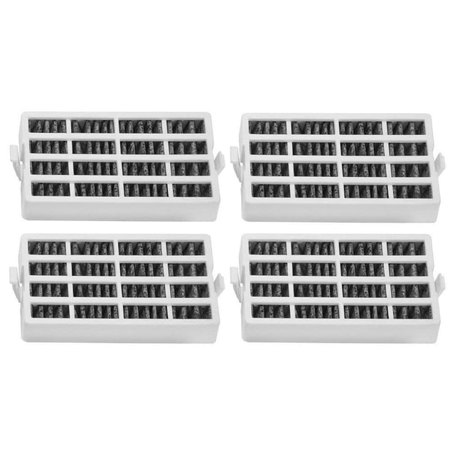 4 Pcs Filtres à Air Réfrigérateur Débit Frais Pièce de Rechange Accessoires pour W10311524 Whirlpool AIR1. l'Image Montre Quatre Filtres à Air Rectangulaires pour Réfrigérateur avec un Cadre en Plastique Blanc et du Charbon Actif visible à l'Intérieur. Ces Filtres Sont Conçus pour Réduire les Odeurs et Maintenir la Fraîcheur des Aliments dans les Réfrigérateurs Compatibles Whirlpool, Amana et KitchenAid. Chaque Filtre Mesure Environ 8 x 4,5 x 1,2 cm.