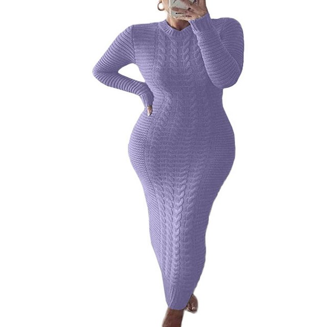 Robe Tricotée à Manches Longues pour Femmes Motif Crochet Unie Côtelée Robe Décontractée